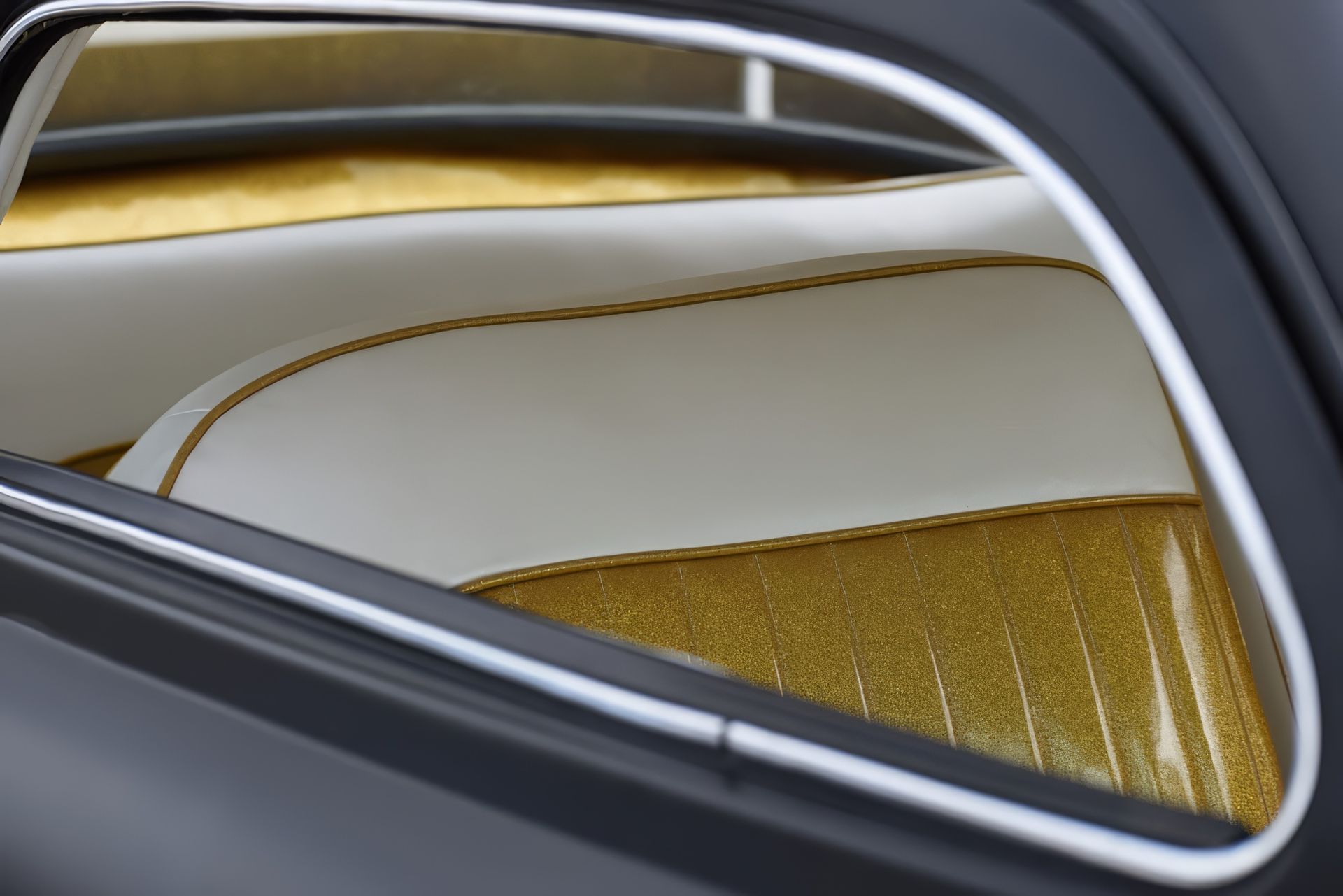Close-up of a white and gold car interior seen through a silver side mirror
