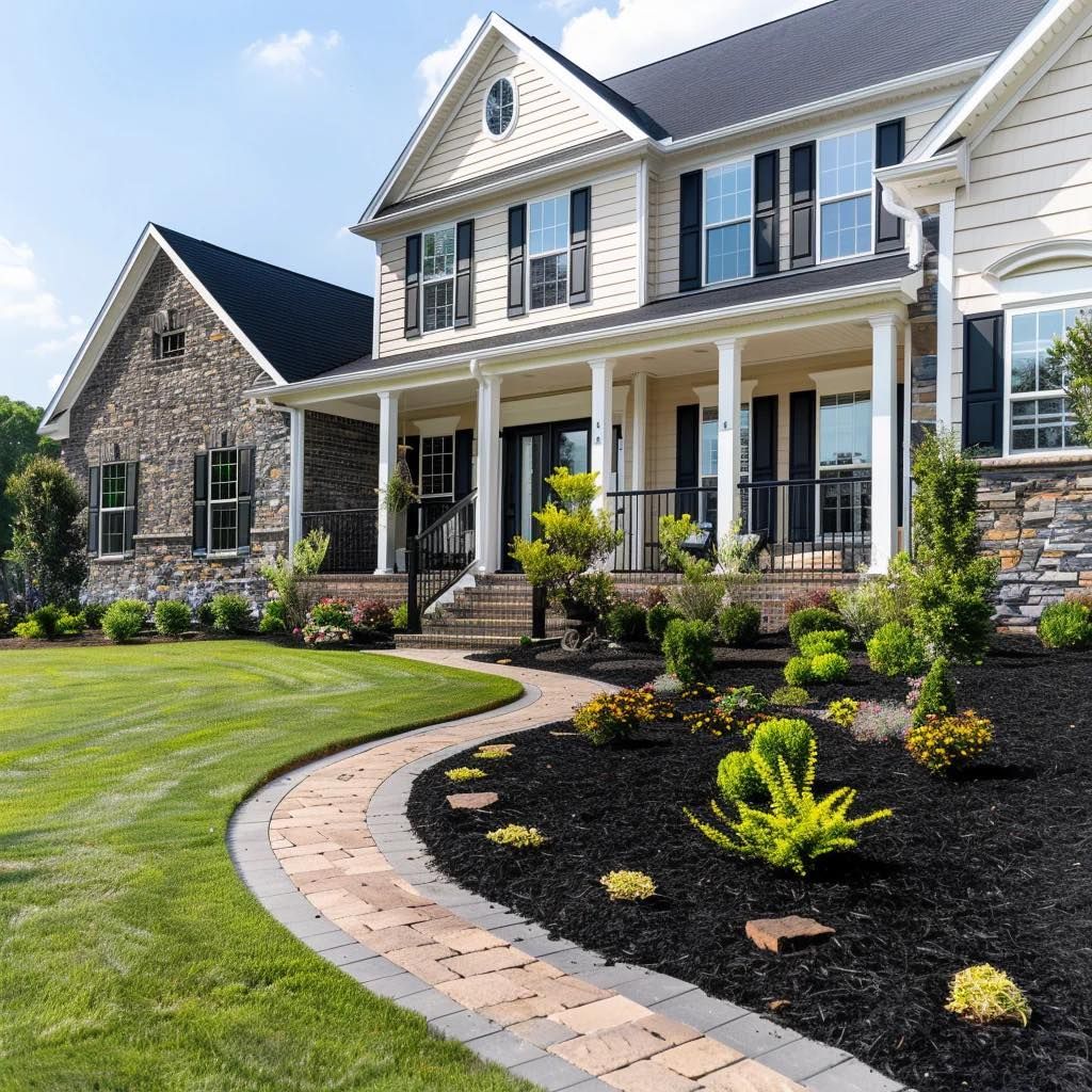 A large house with a brick walkway leading to it