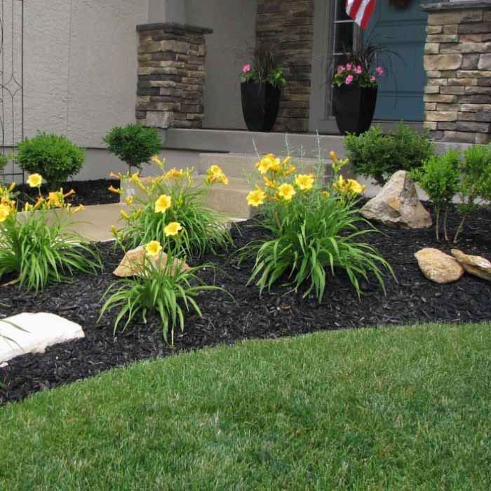 A lawn with flowers and rocks in front of a house