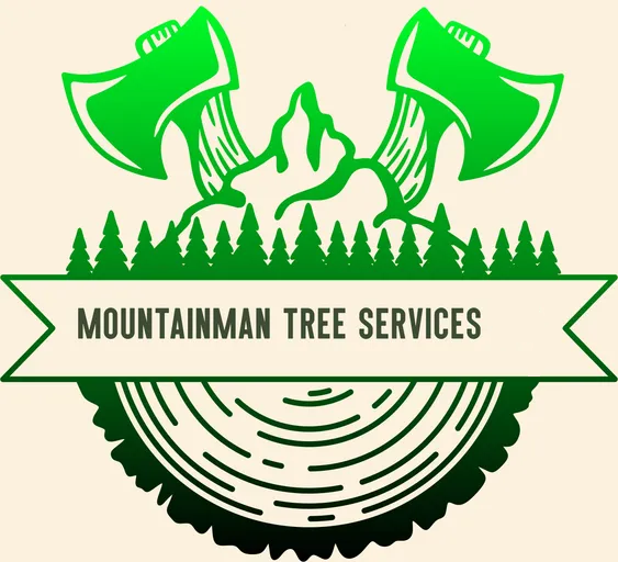 Green logo with two axes, pine trees, and the text &ldquo;MOUNTAINMAN TREE SERVICES&rdquo; on a wood-slice badge