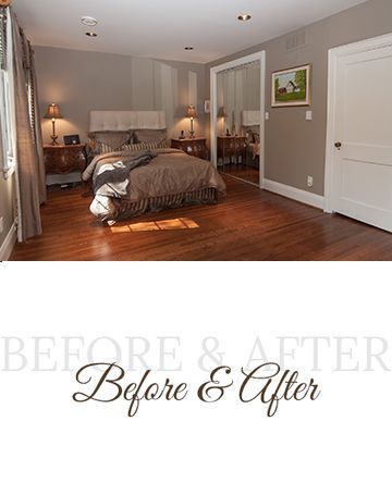 Bedroom with brown floors, bed, and mirrored closet; 