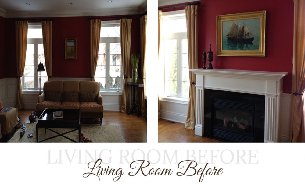 Living room before renovation with red walls, gold curtains, and white trim.