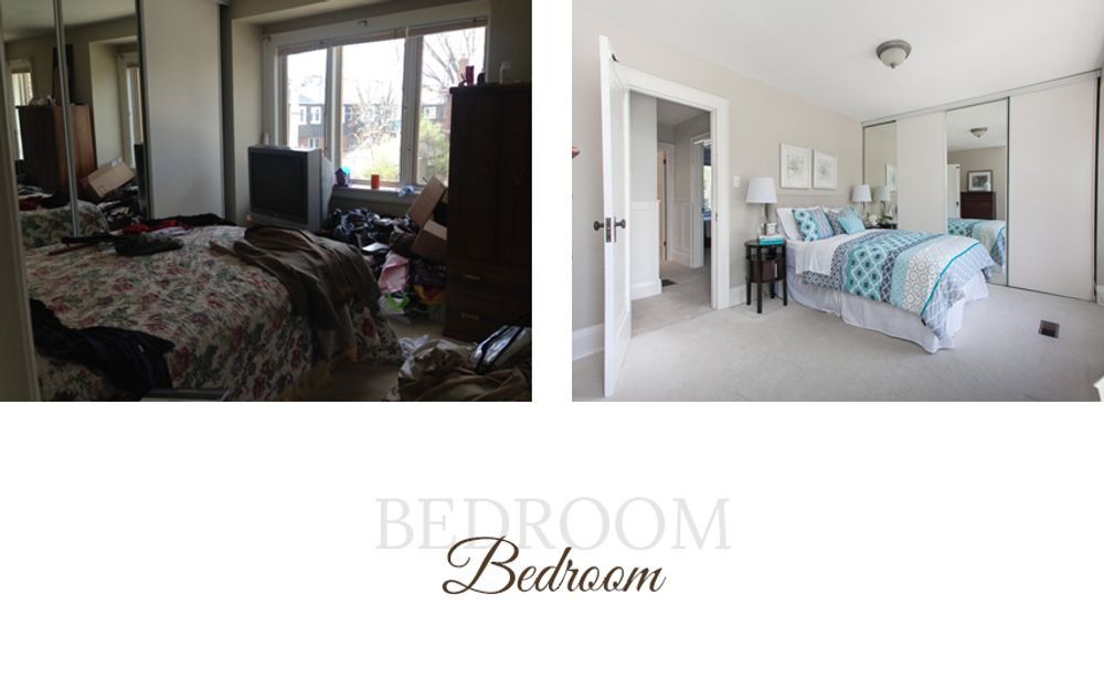 Before and after bedroom transformation: messy bed and cluttered room versus clean, well-lit, and decorated room.