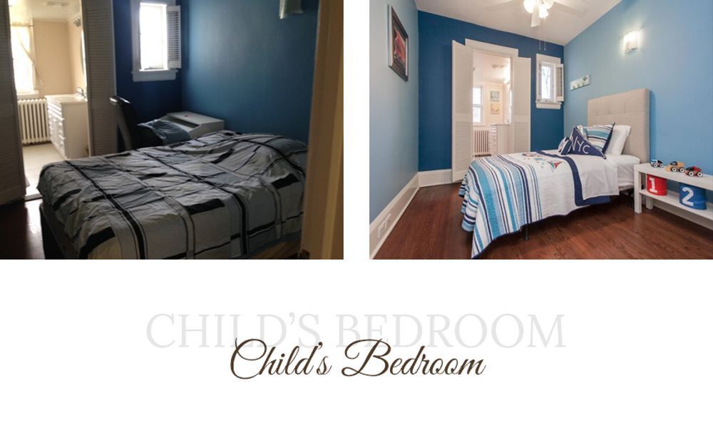 Before and after of a child's bedroom: messy bed in blue room transformed with new bed, decor.