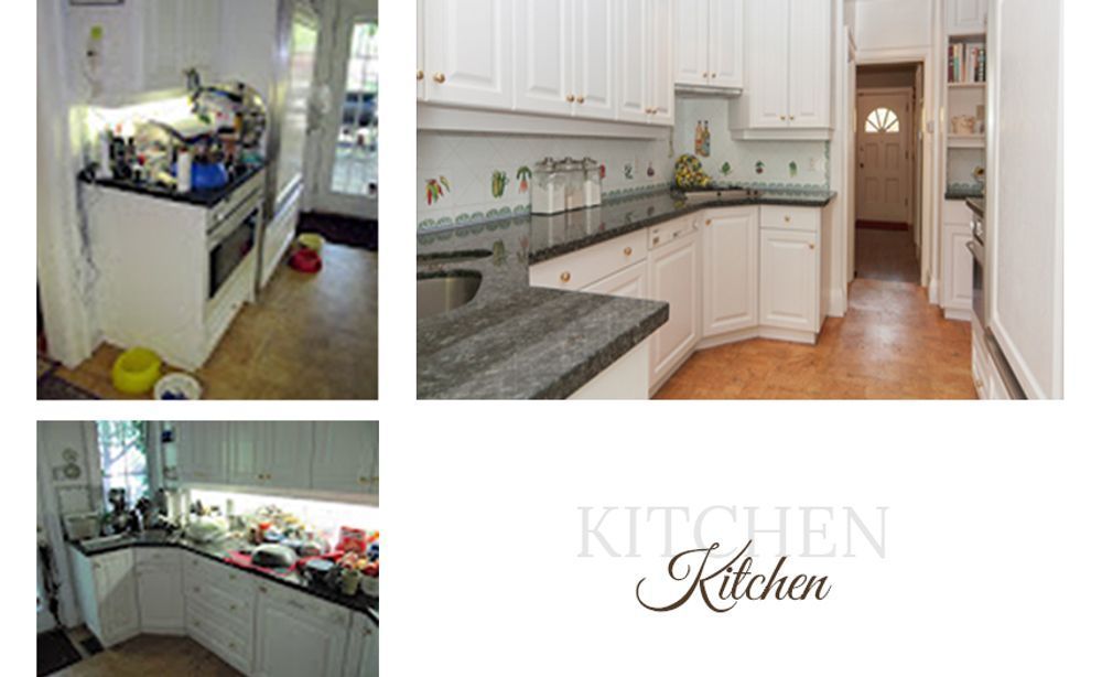 White kitchen cabinets and countertops. Kitchens before and after renovation.