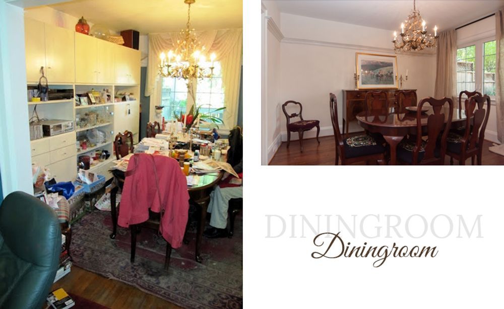 Before and after of a dining room: cluttered with storage and dining, then clean with furniture and a chandelier.