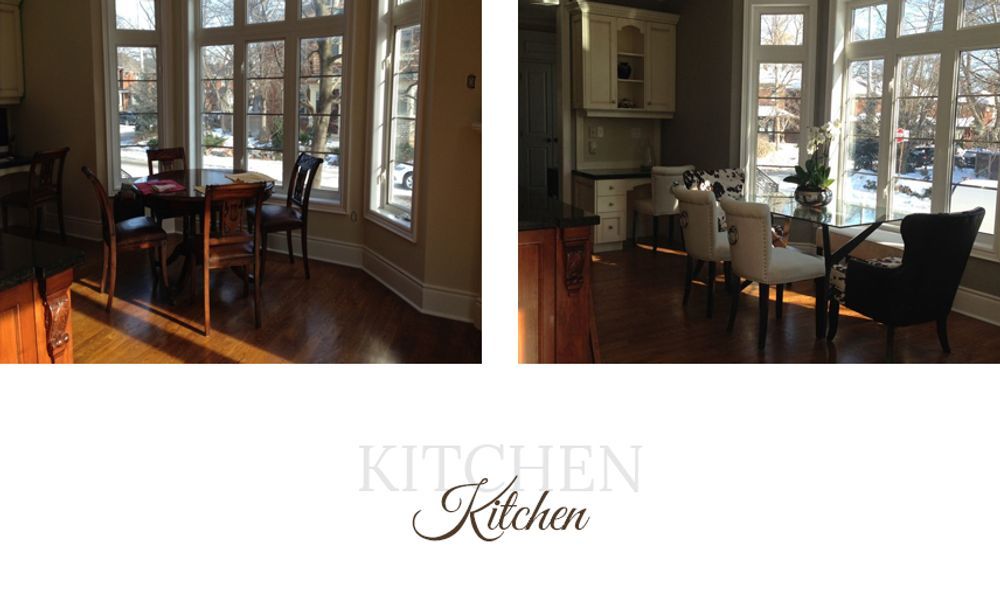 Two adjacent rooms with large windows, hardwood floors, and dining areas.