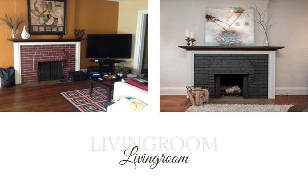 Side-by-side comparison of a living room fireplace before and after renovation. The brick is painted black, and the room has new decor.