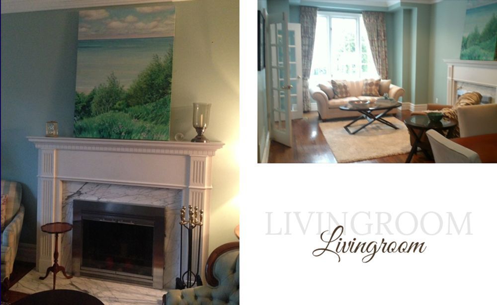 Living room with fireplace, artwork, and seating; light color scheme.