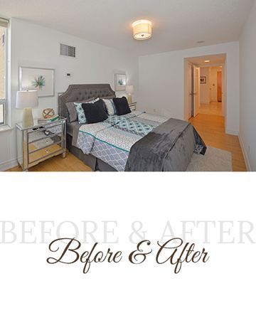 Bedroom with bed, mirrored nightstand, and crown molding; Before & After text.