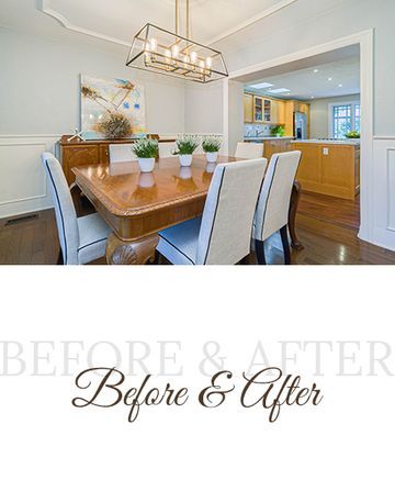 Dining room with wooden table and chairs, visible from a wider entryway to the kitchen. 