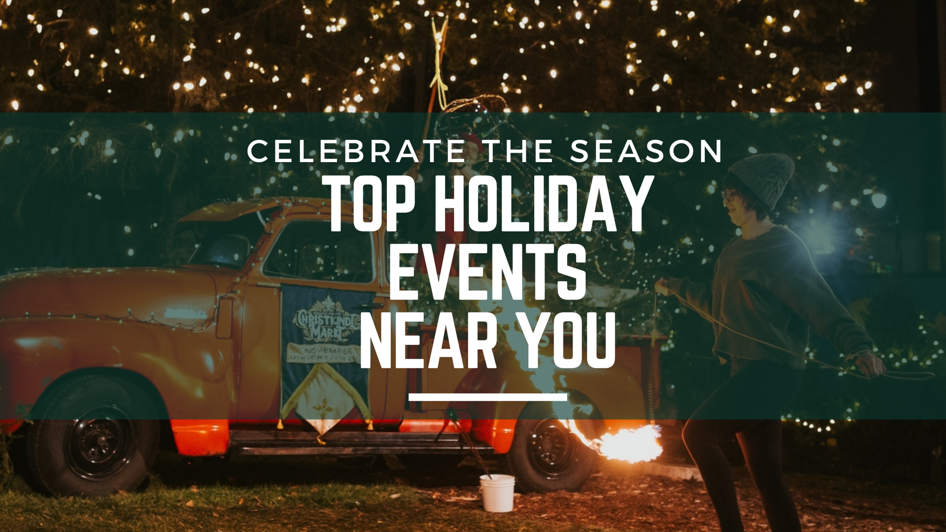 Celebrate the Season: Top Holiday Events Near You in white lettering on photo of holiday lights