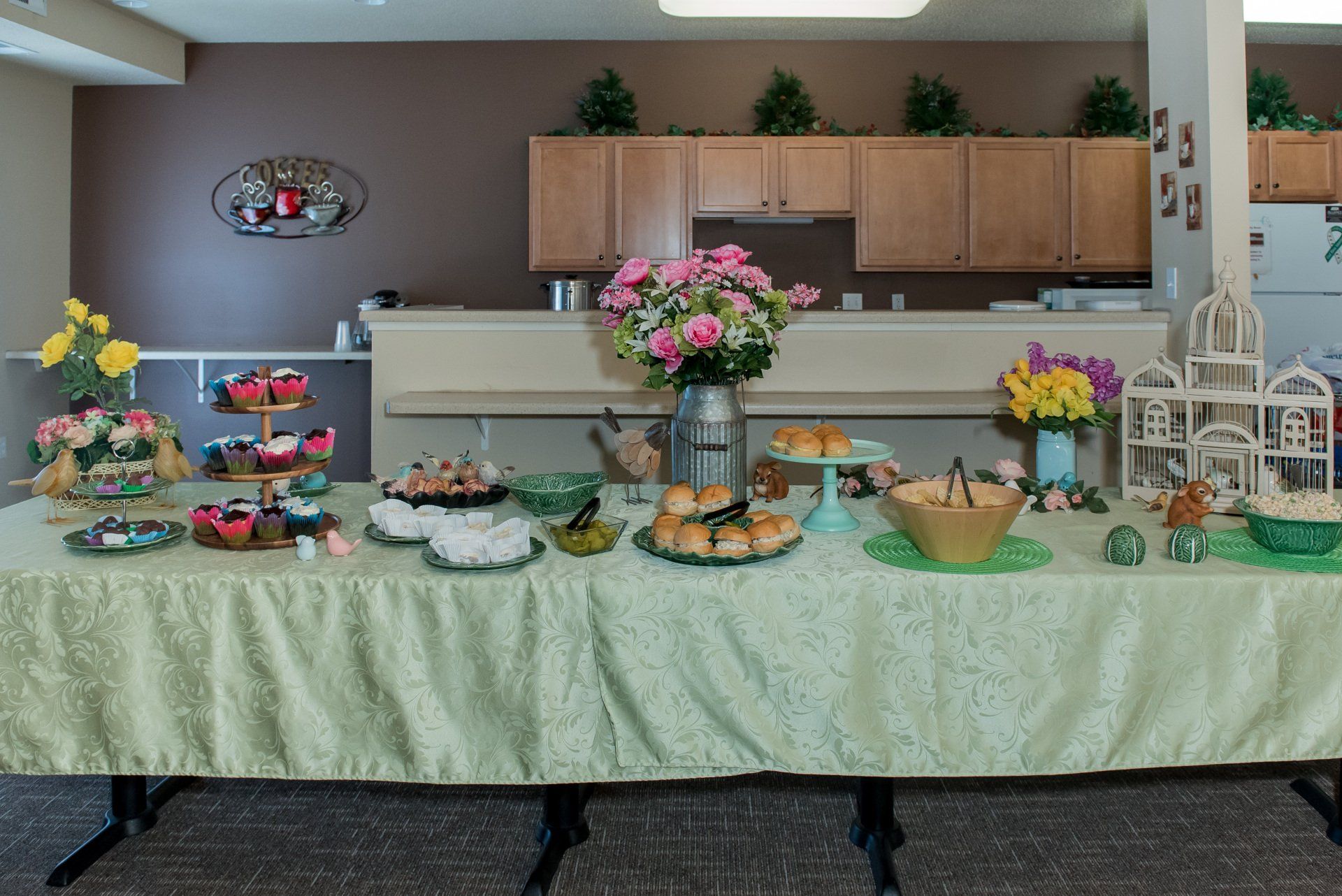 Large table set with trays of food