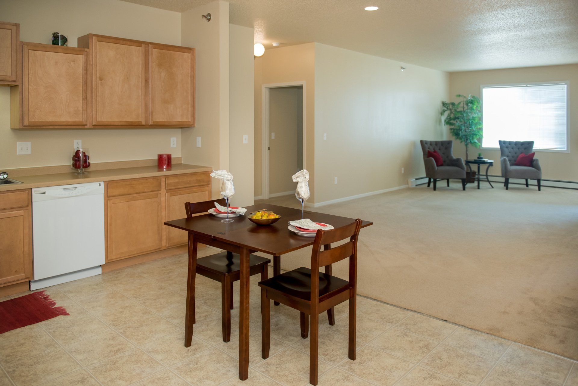 Dining room table with faux tile flooring underneath