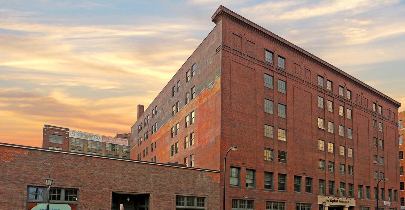 The Copham, located on Washington Avenue in Minneapolis, during a sunset