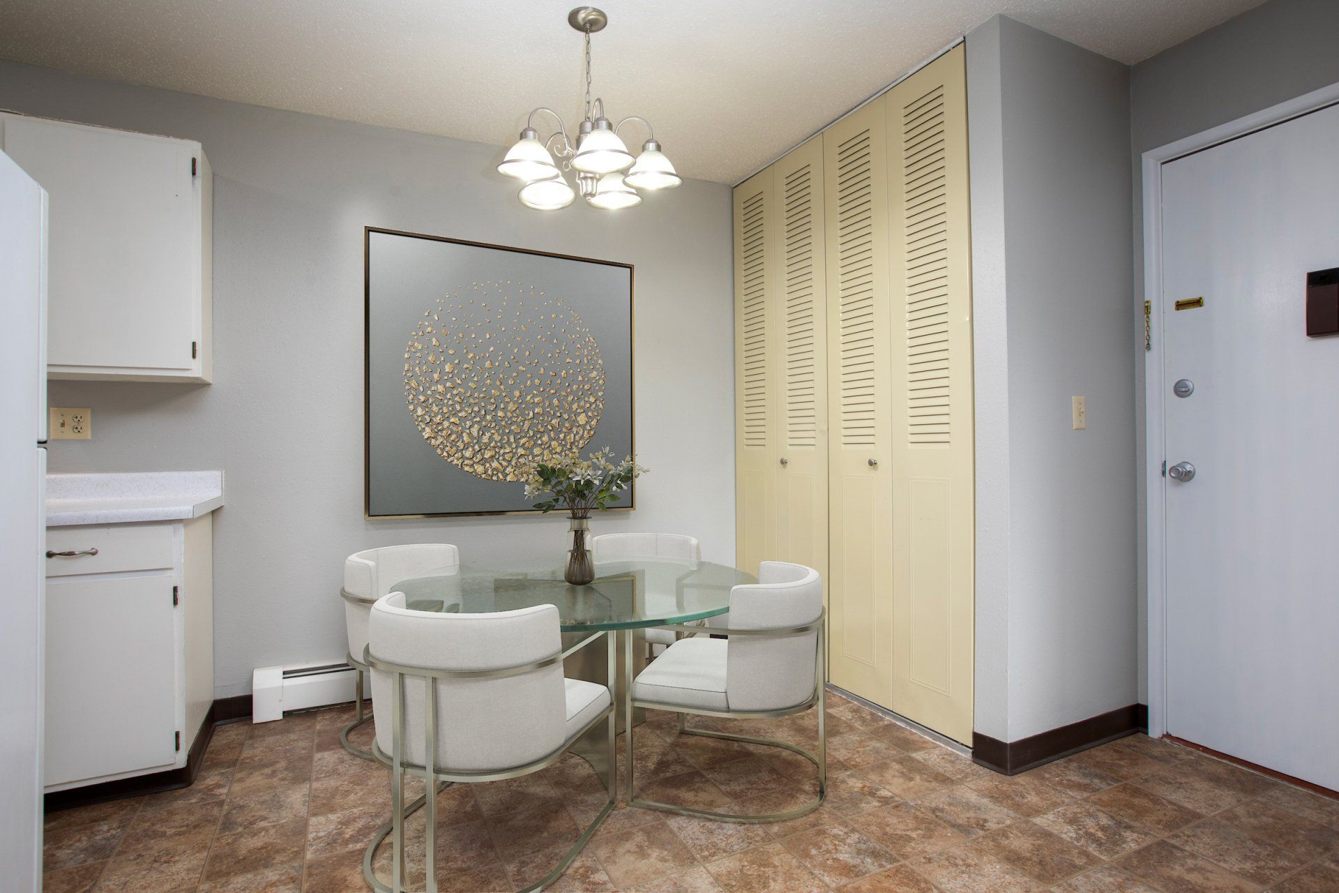 View of dining table with light fixture overhead