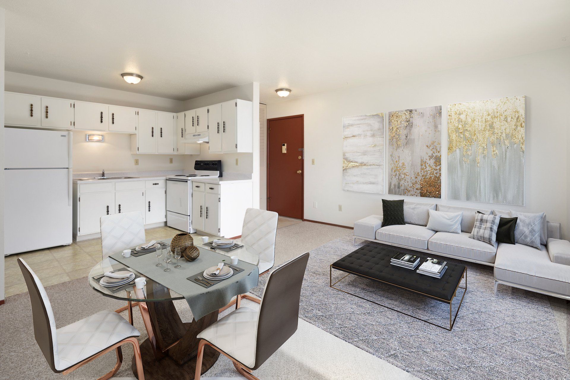 Panorama view of kitchen, entryway, and living room interior