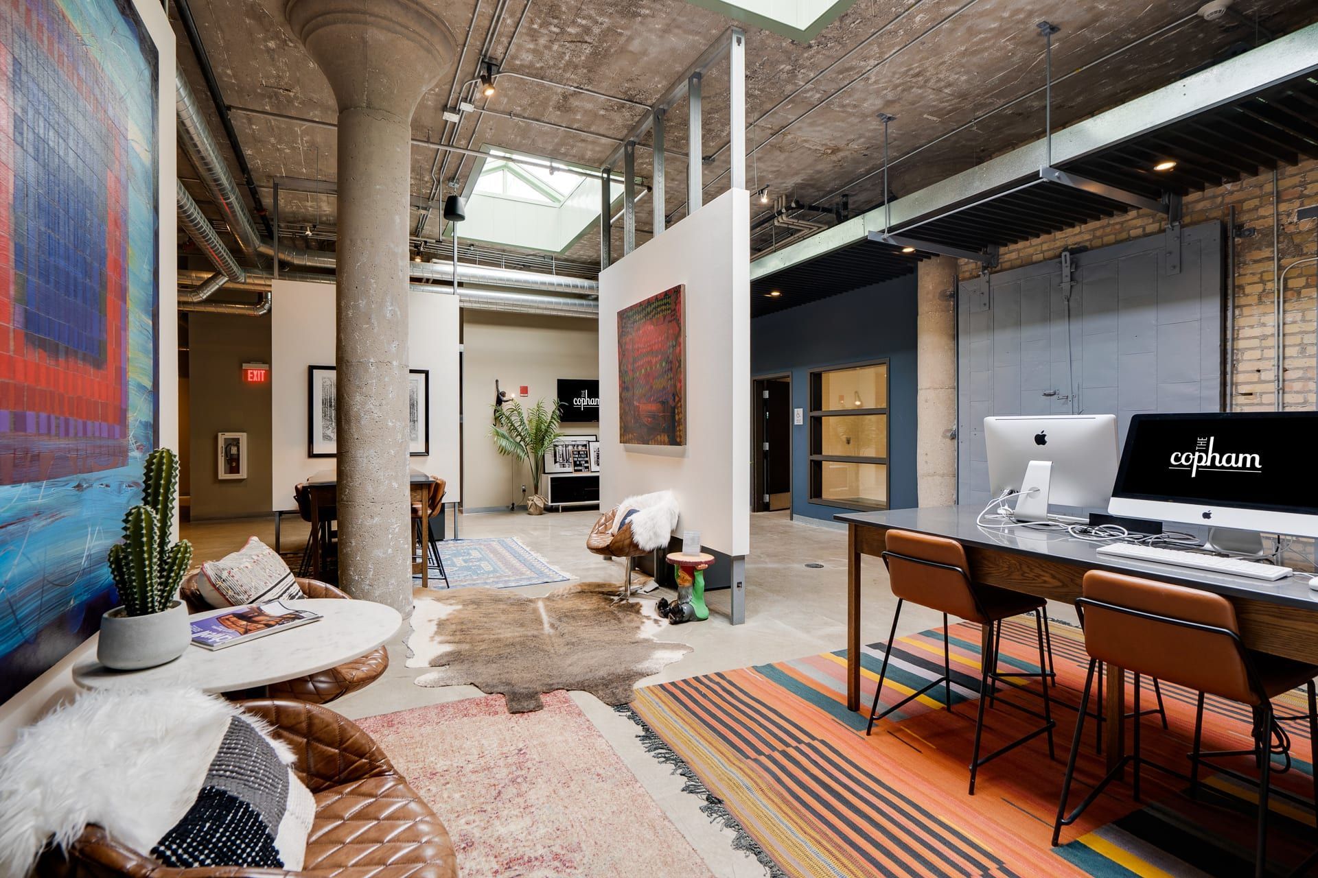 The lobby features warmly decorated seating areas