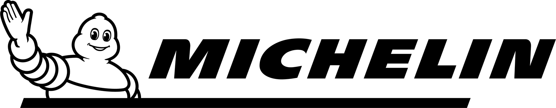 Il logo Michelin, con l'omino Michelin che saluta accanto al nome del marchio in testo nero su sfondo bianco.