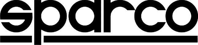 Il logo Sparco in testo nero con una linea orizzontale sottostante su sfondo bianco.