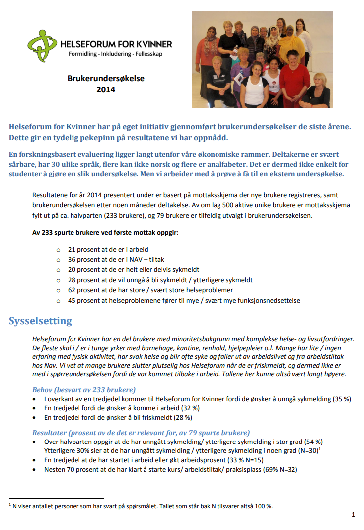 Helseforum for kvinner har utf&oslash;rt en intern brukerunders&oslash;kelse for 2014 med sp&oslash;rsm&aring;l om helse, funksjonsevne og arbeid. Brukerunders&oslash;kelsen gir en pekepinn på resultatene vi har oppnådd.