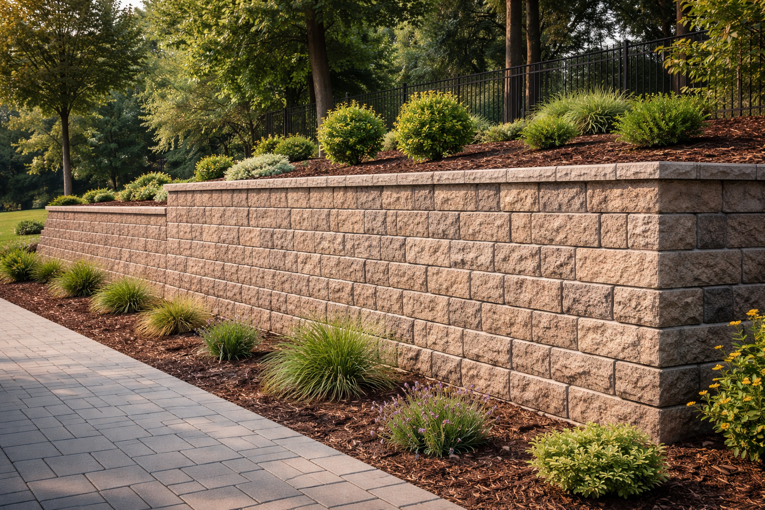 Stone steps lead to a garden path lined with lush greenery and a stone wall.