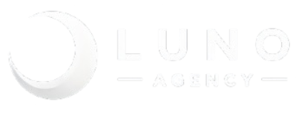White Luno Agency logo featuring a crescent moon icon to the left of the stylized text.