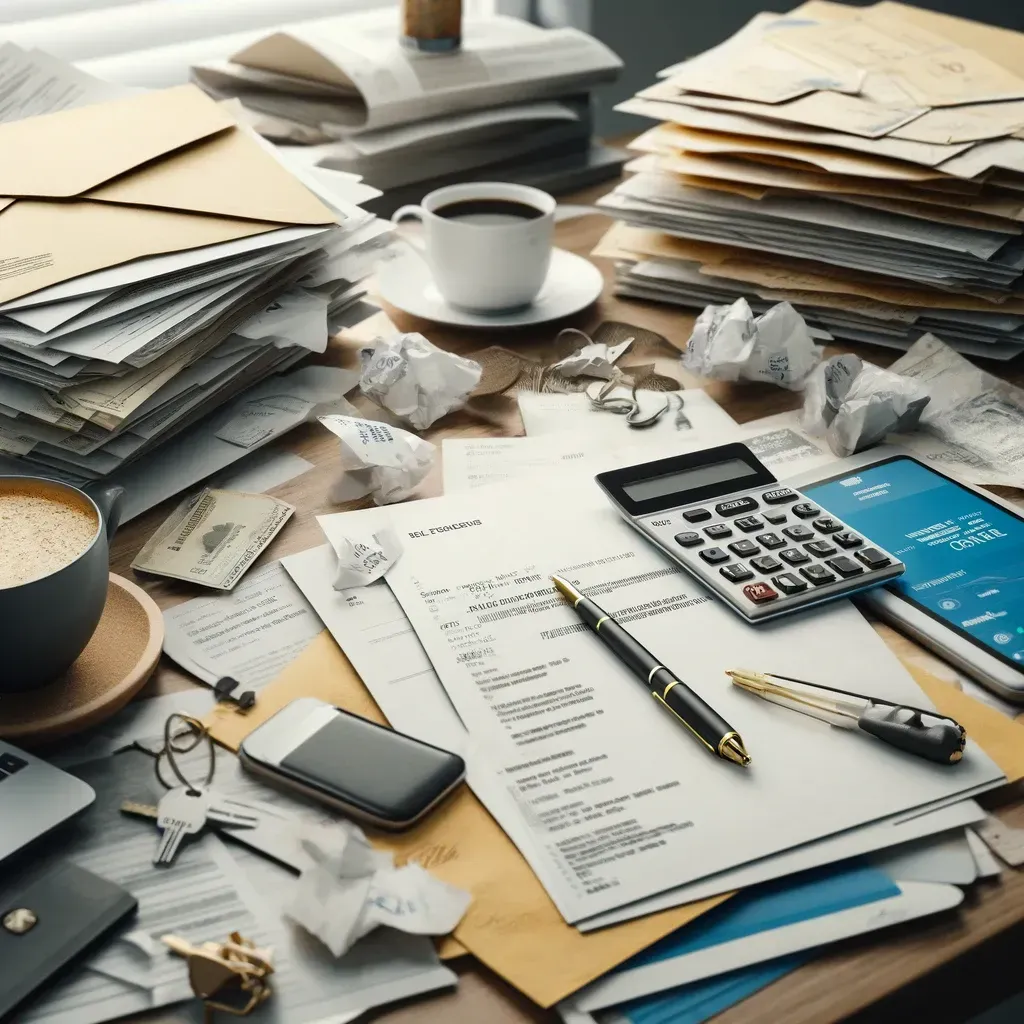A cluttered desk with unpaid bills, reflecting the financial struggles while applying for disability