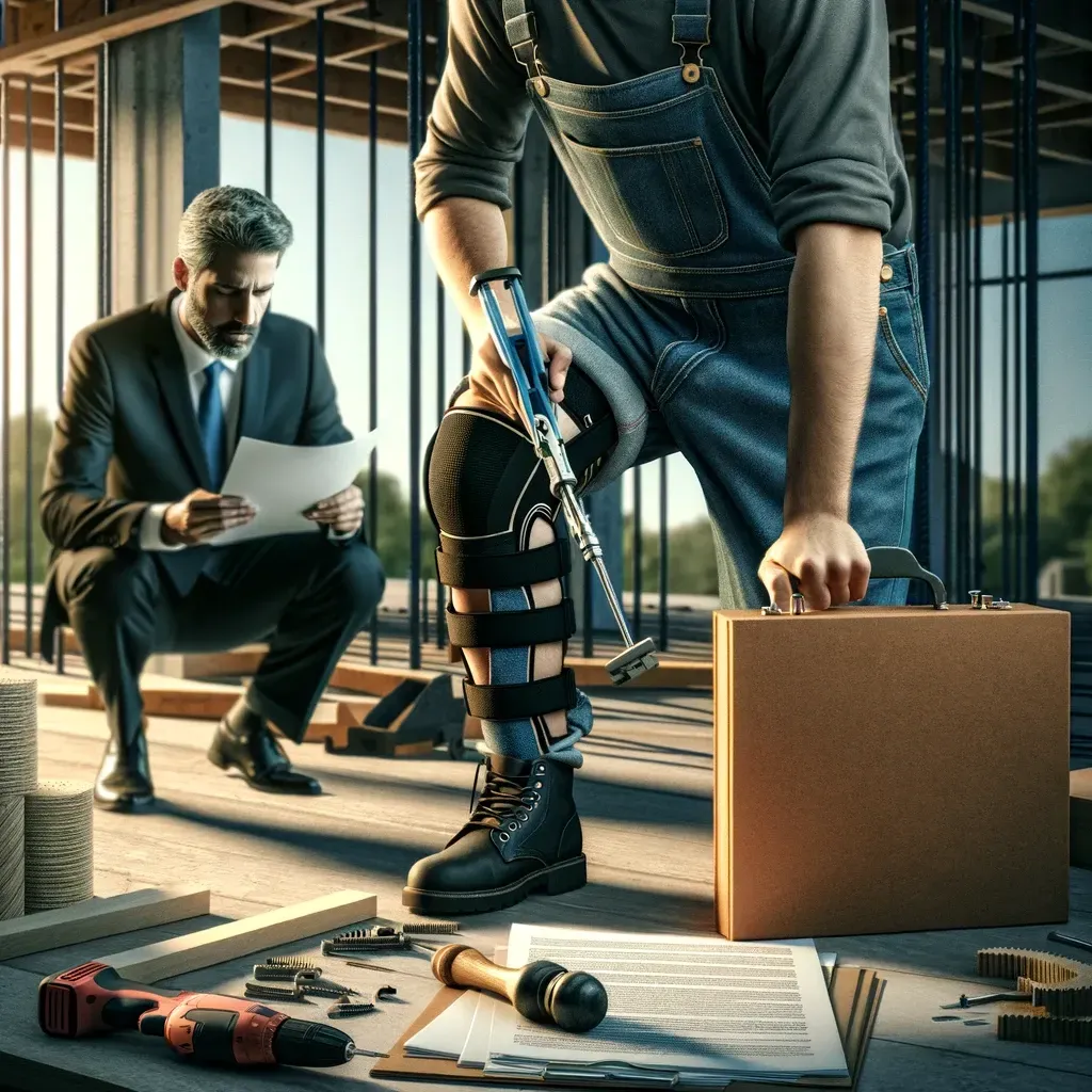 Construction worker with knee brace working on site, observed by lawyer holding legal documents