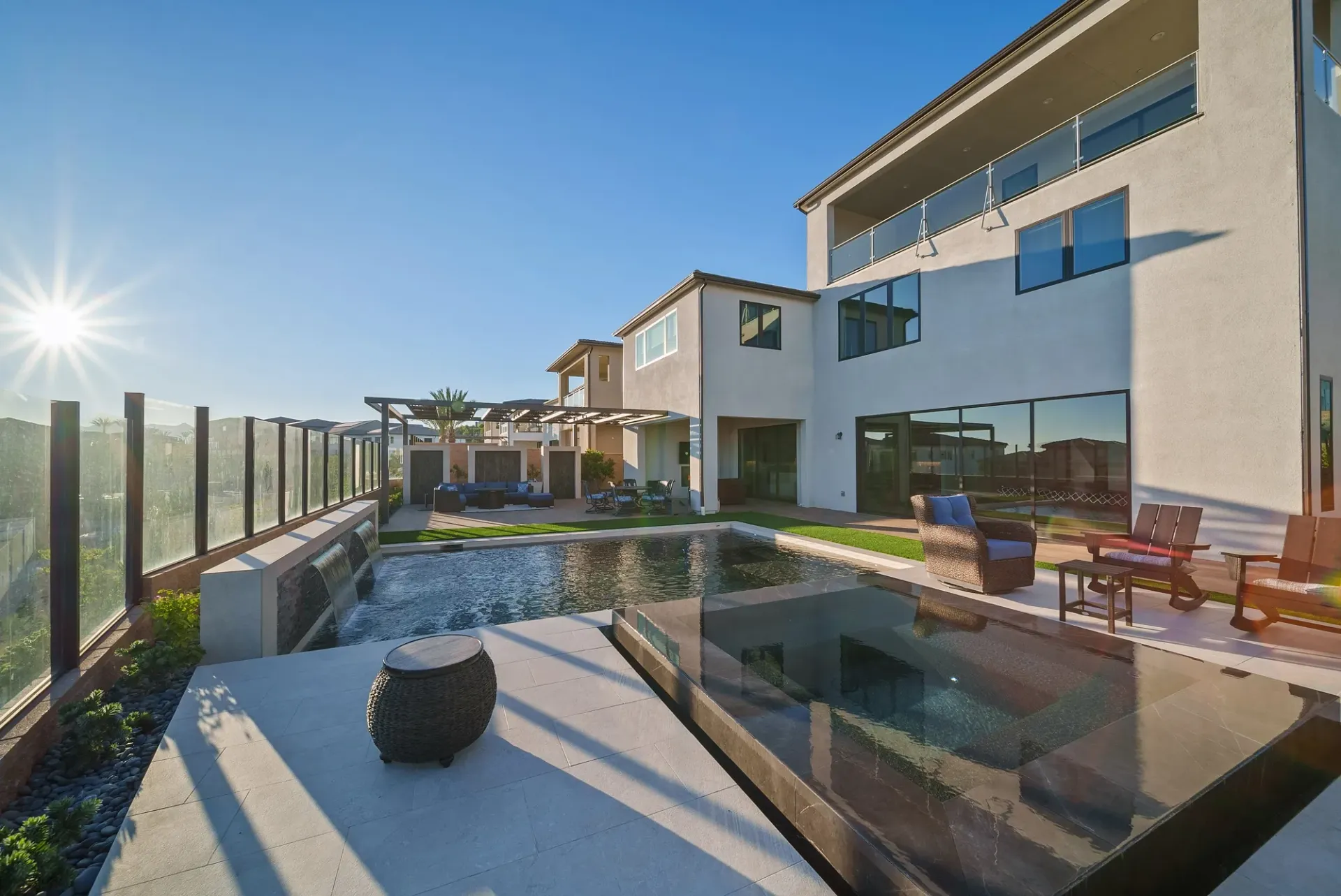 A luxurious yet modest custom pool, spa and outdoor living space in Porter Ranch, CA.