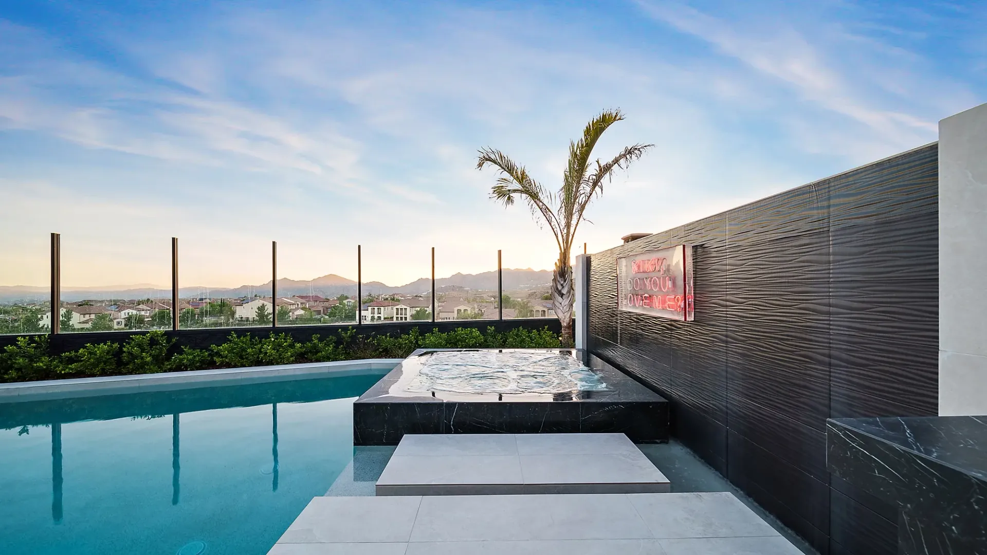 The Marquee. A Custom and luxurious swimming pool and private resort over looking Porter Ranch, CA.