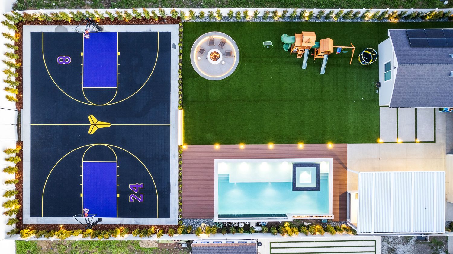 Custom pool and outdoor living project complete with a full court basketball court and outdoor kitchen. Project by Westmod. Location = Santa Clarita, CA.