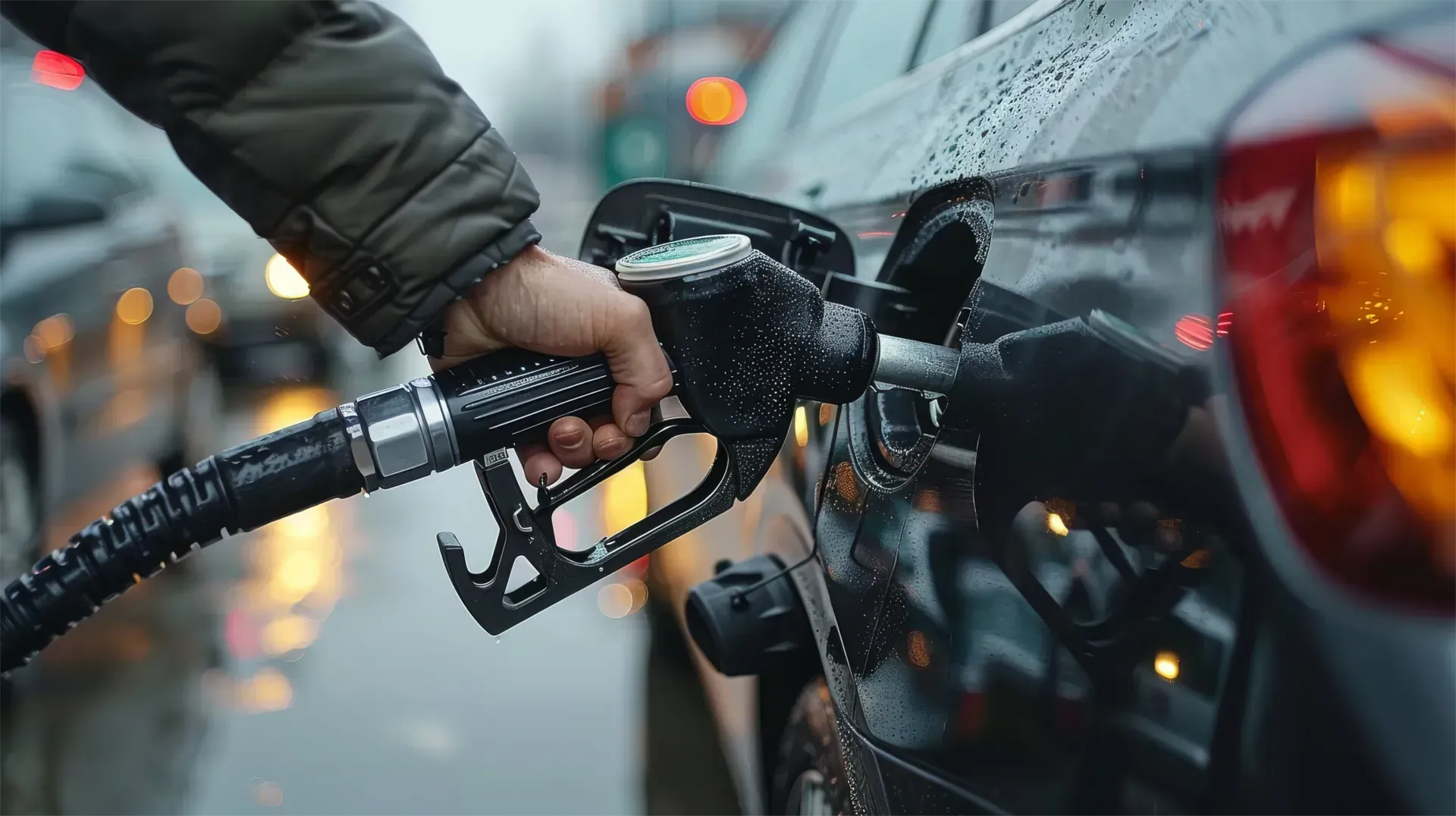 Das Auto wird an einer Tankstelle im regennassen Verkehr von Hand betankt, die Lichter der Stadt verschwimmen.