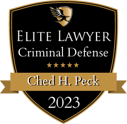 Elite Lawyer badge: Black and gold shield, Criminal Defense, 5 stars, Ched H. Peck, 2023.