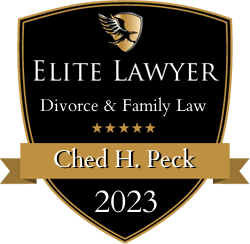 Elite Lawyer award badge for Ched H. Peck, Divorce & Family Law, with 5 stars; gold and black design, 2023.