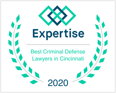 Expertise award: Best Criminal Defense Lawyers in Cincinnati, 2020. Teal and blue logo, laurel wreath.
