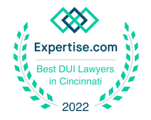 Expertise.com award: Best DUI Lawyers in Cincinnati, 2022. Teal wreath surrounds text and overlapping geometric shapes.