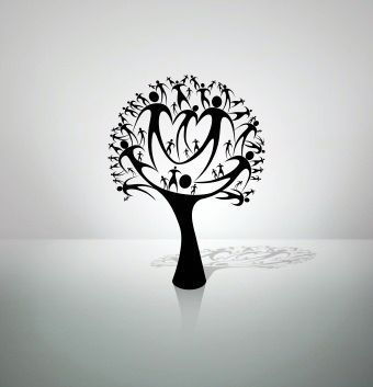 Black tree silhouette composed of stick figure people, representing a community.