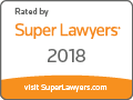 Super Lawyers 2018 badge. Orange and gray colors. Text: "Rated by Super Lawyers" and "visit SuperLawyers.com".