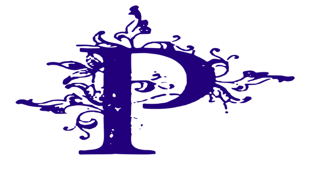 Purple decorative letter “P” with ornate swirls on a white background