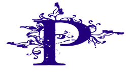 Purple decorative letter “P” with ornate swirls on a white background