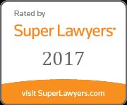 Super Lawyers badge, 2017: orange and gray, "Super Lawyers" logo, website address.