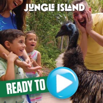 A group of people standing next to an emu with jungle island written on the bottom