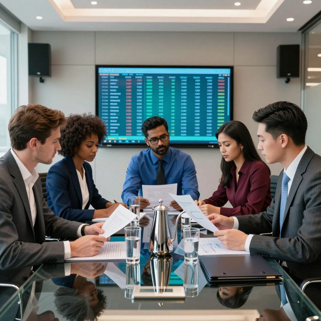 Business team reviewing documents at a conference table with a stock chart on the screen.