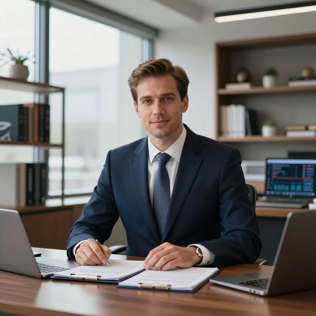 Man in a suit at a desk, looking at the camera. He is writing on a paper with a pen. Office setting.