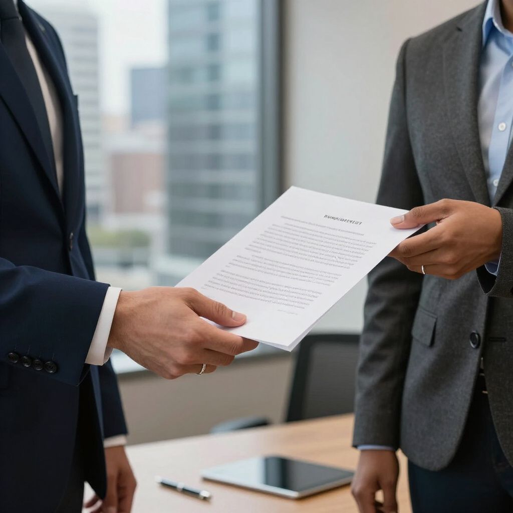 Two men in suits exchanging documents in an office setting.