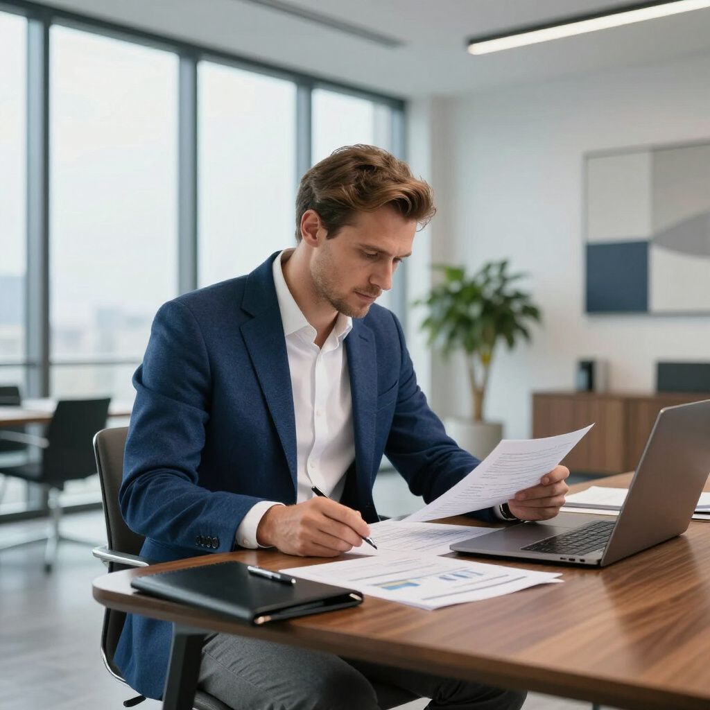 Man in blue blazer at a desk, reviewing documents and using a laptop in an office setting.