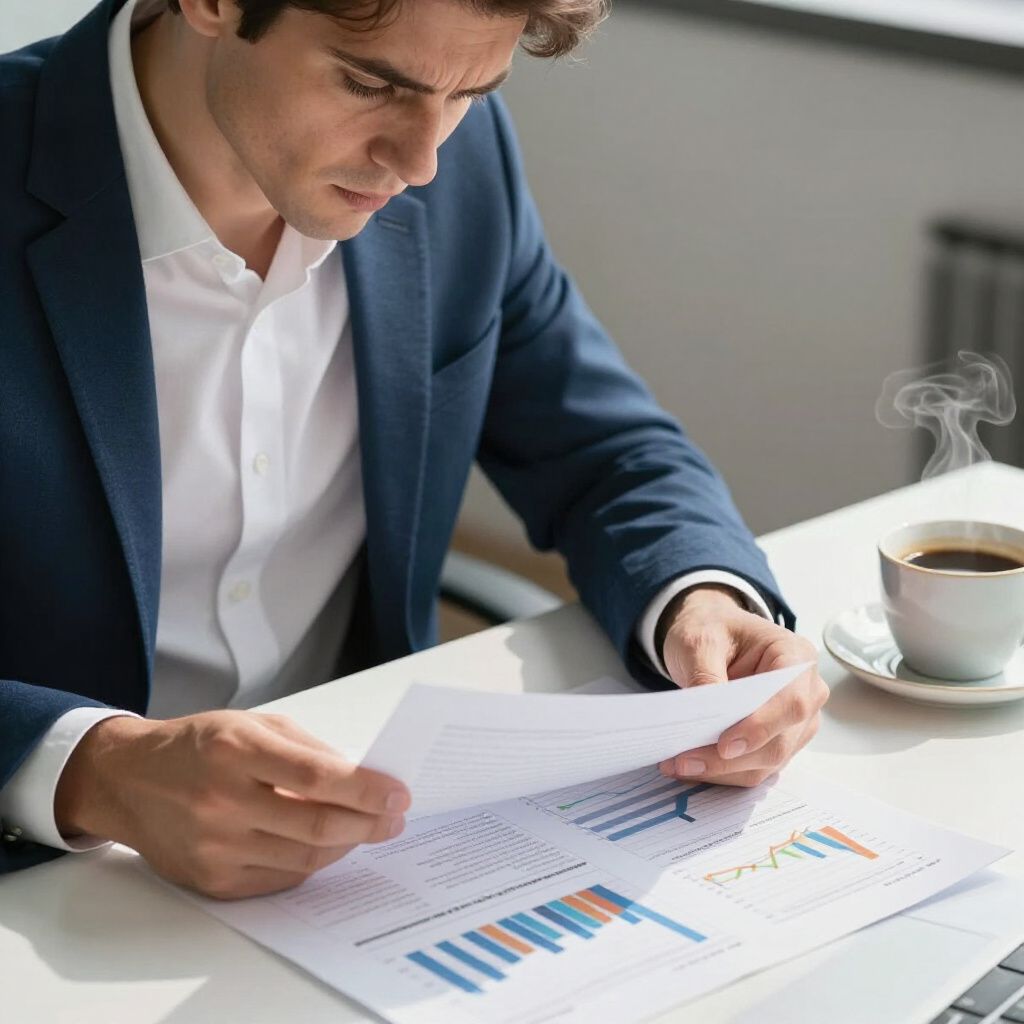Man in blue blazer examines charts at a desk, near a cup of coffee.