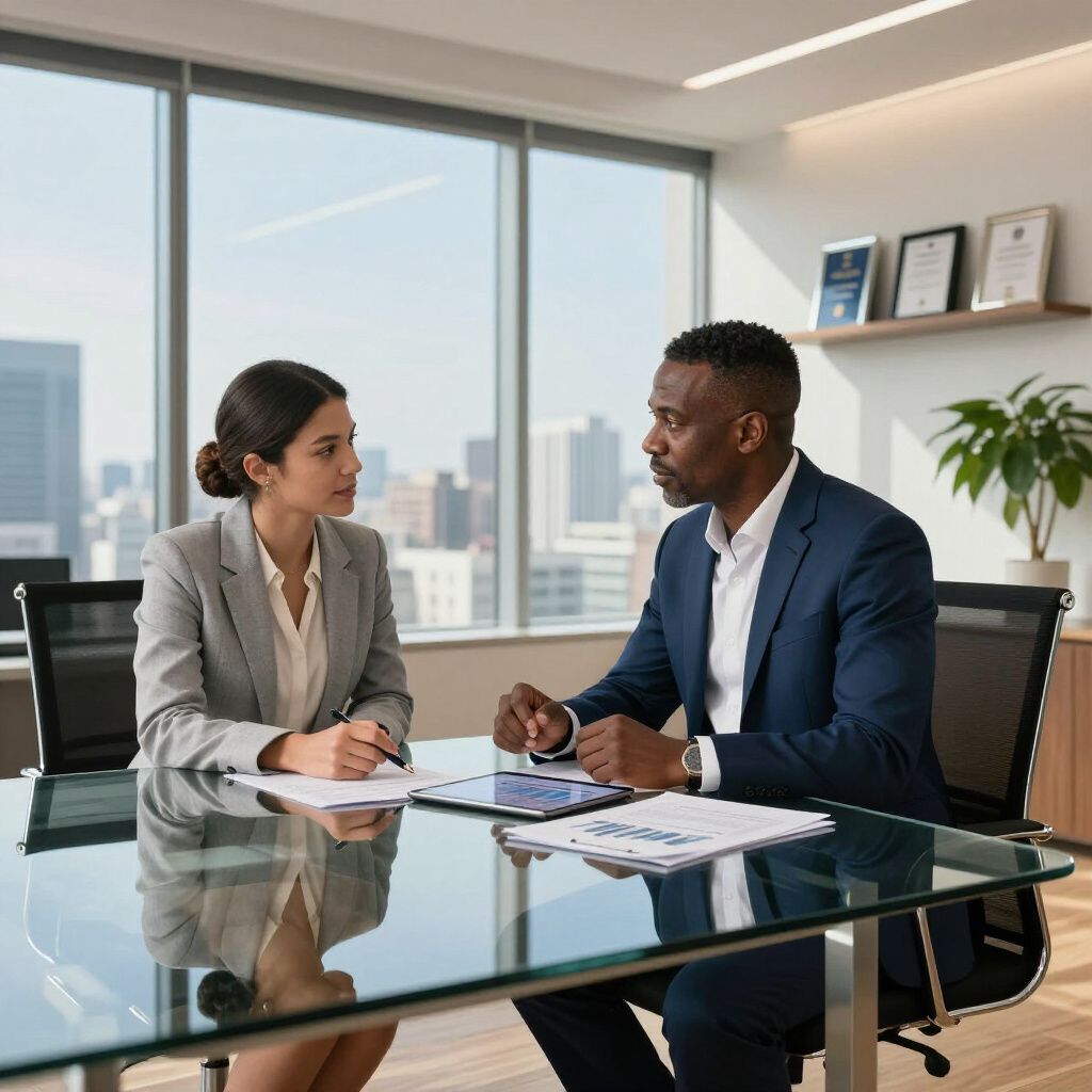 Two professionals at a glass table, discussing documents in an office.