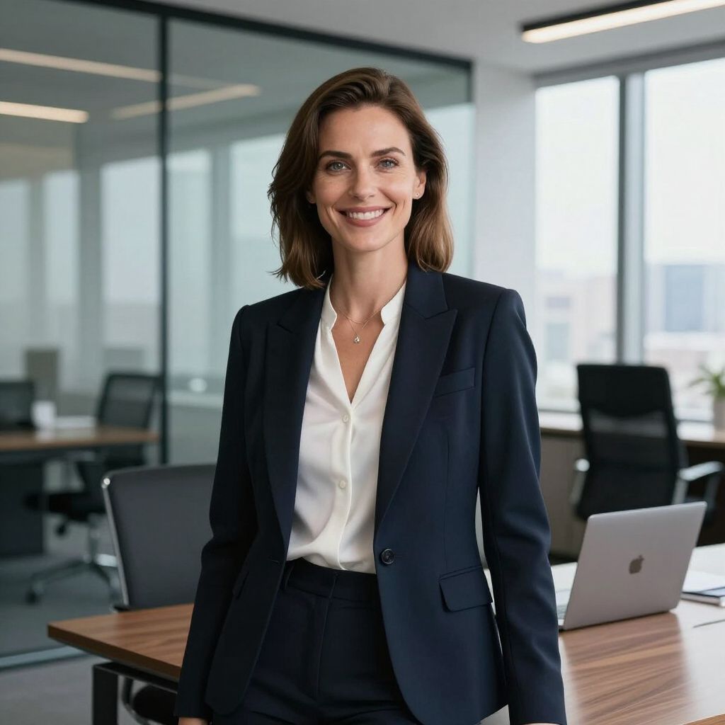 Woman in a navy suit smiles in a modern office, leaning on a desk with a laptop.